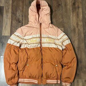 Chloe Kids Puffer Jacket In Peach And Brown Size 14A